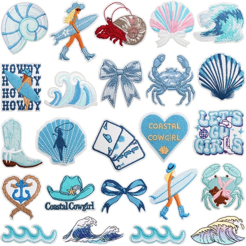 

Surfing girl embroidery patches, clothes decoration patch Ironing and sewing, waves crab cartoon embroider label,shell seal diy
