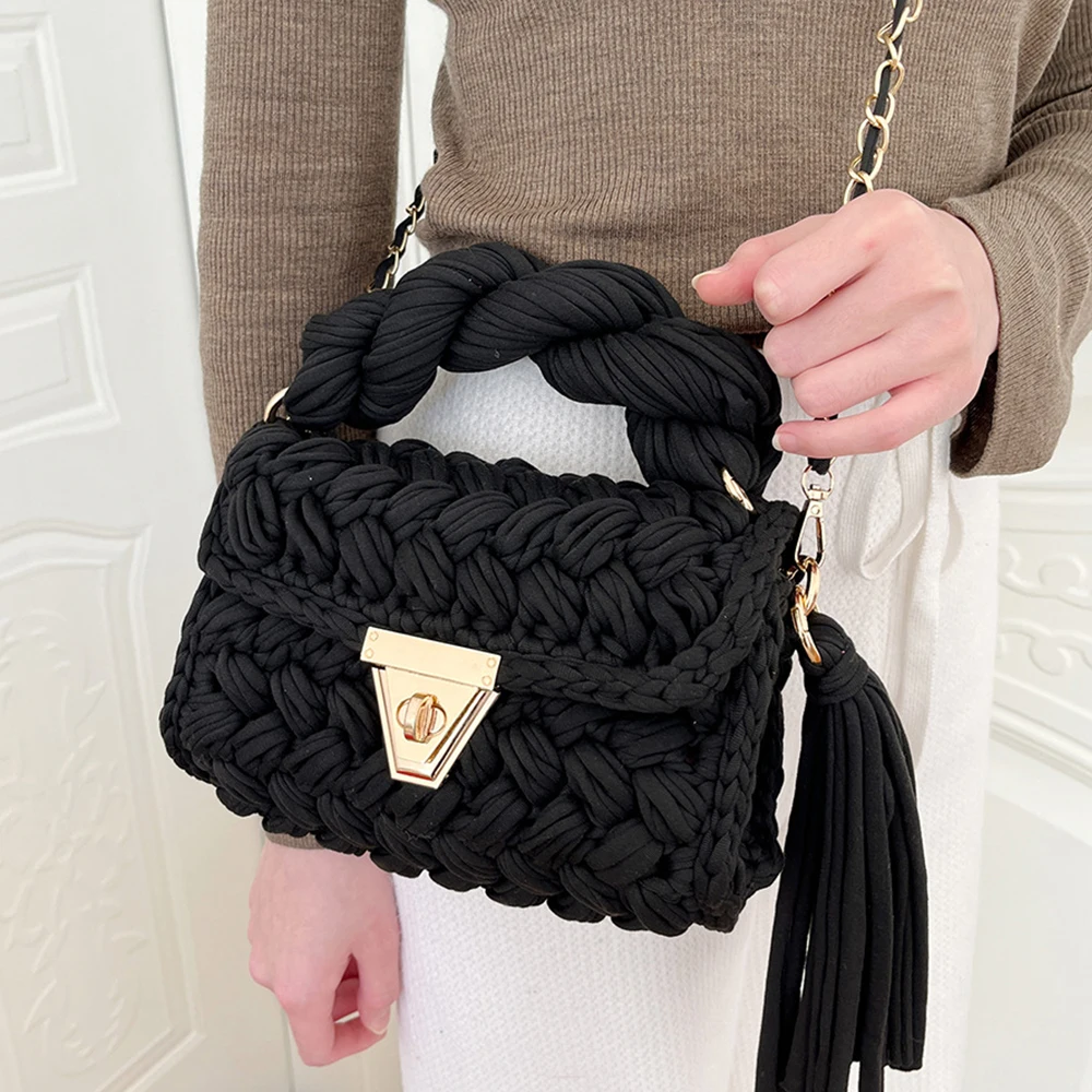 Fashion Wool Knitting Handbag Handmade Crochet Shoulder Bag Tassel Woven Bags for Women Designer Yarn Crossbody Bag Flap Purses