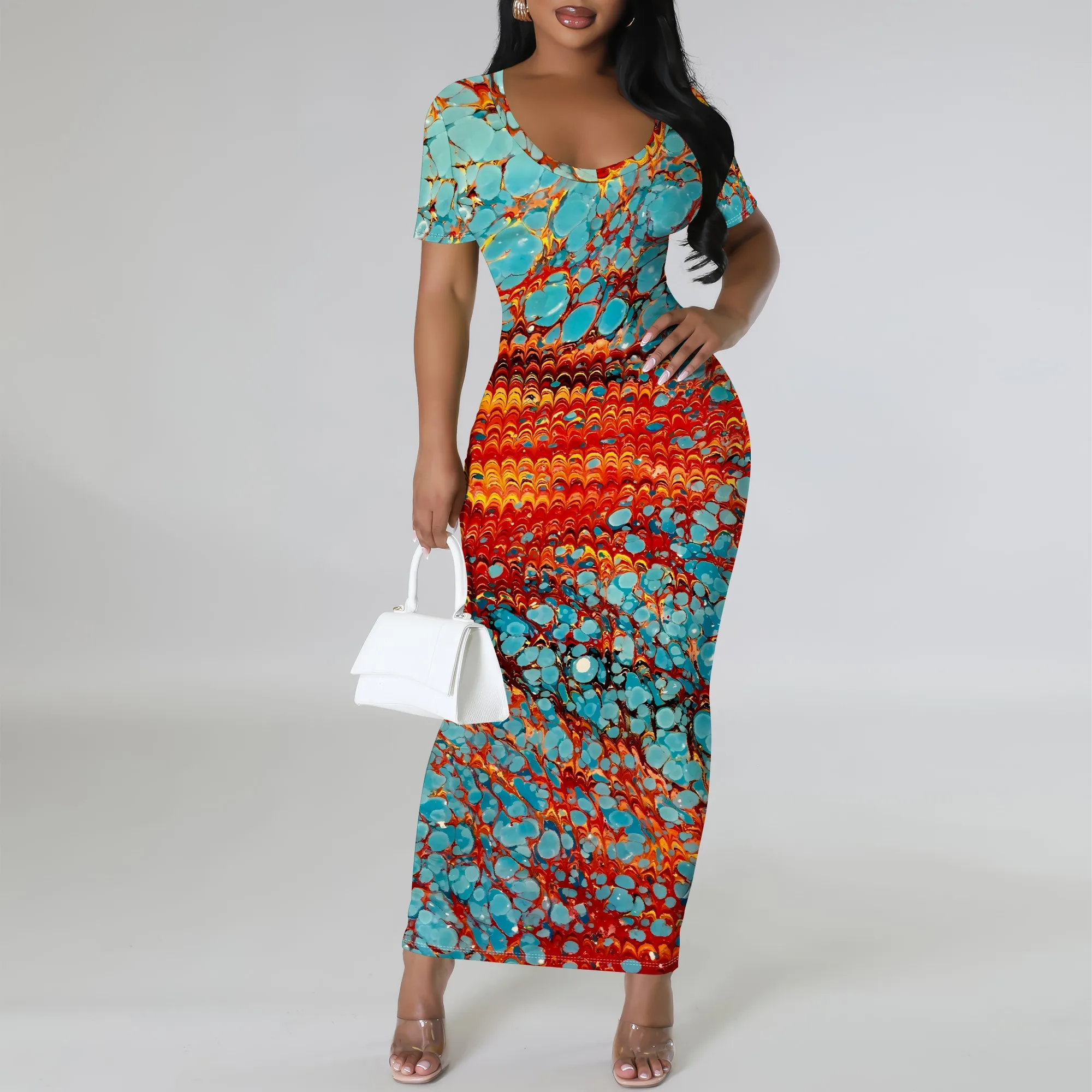 

Nupusa Marble Print Dress for Women Summer Casual Short Sleeve Maxi Dress