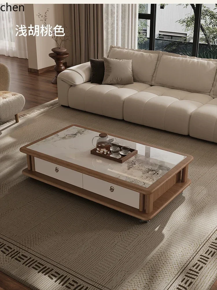 DSA  Solid Wood Rock Slab Coffee Table Living Room Household Movable Rectangular Coffee Table