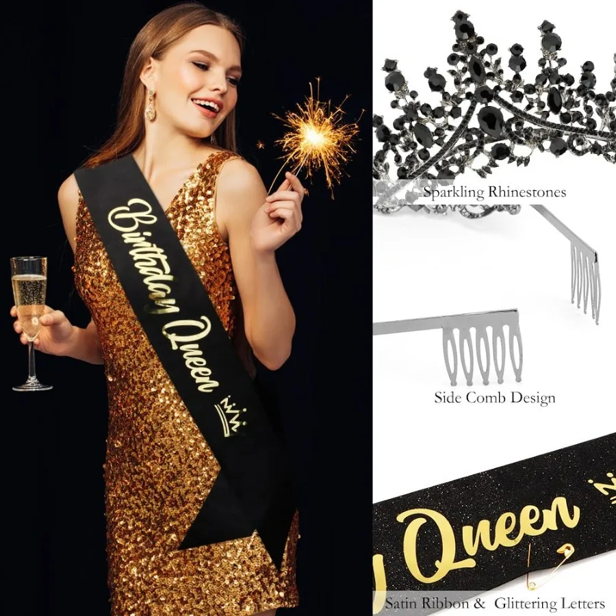 Barocke Strass-Geburtstagsköniginnen-Schärpe mit Krone, Tiara und Stirnband, Geburtstags-Schärpe mit Anstecknadel, Happy Birthday Party Dekoration – Detail 7