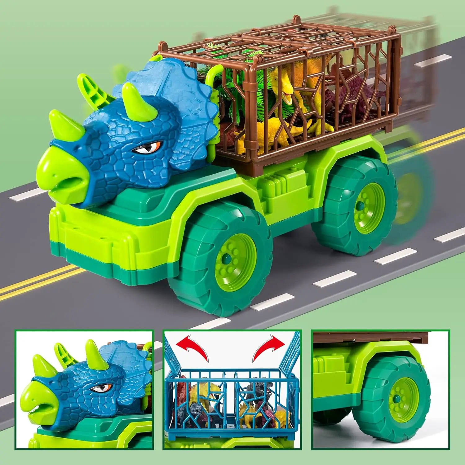 Dinosaur Truck Toy for Kids 3-5 Years, Triceratops Transport Car Carrier with 8 Dino Figures, Activity Play Mat