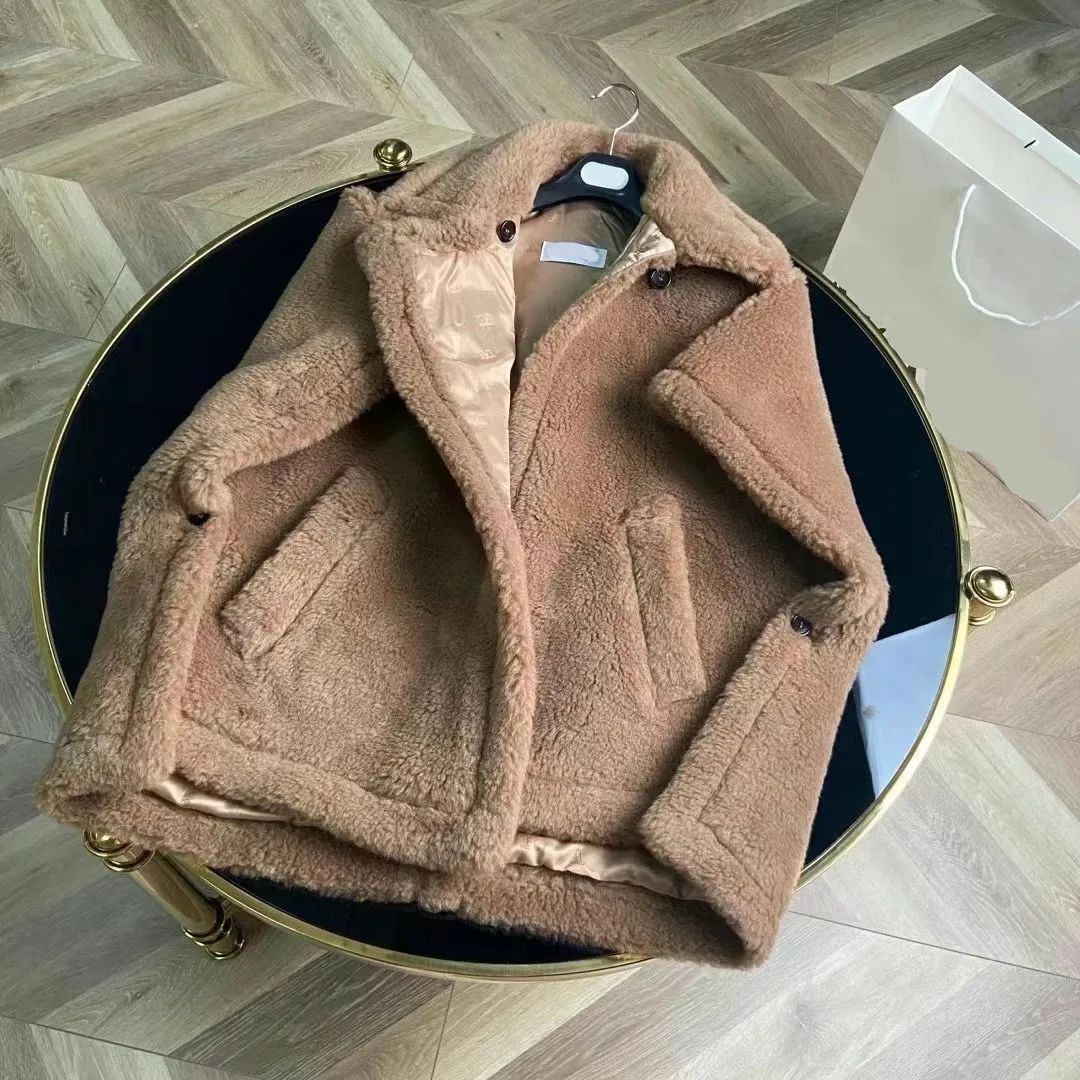 Teddy Bear cloak Jacket Female Autumn Winter Camel Jacket Gray Sheep Wool Coat Lapel Short Alpaca Silk High-end Fashion Jacket