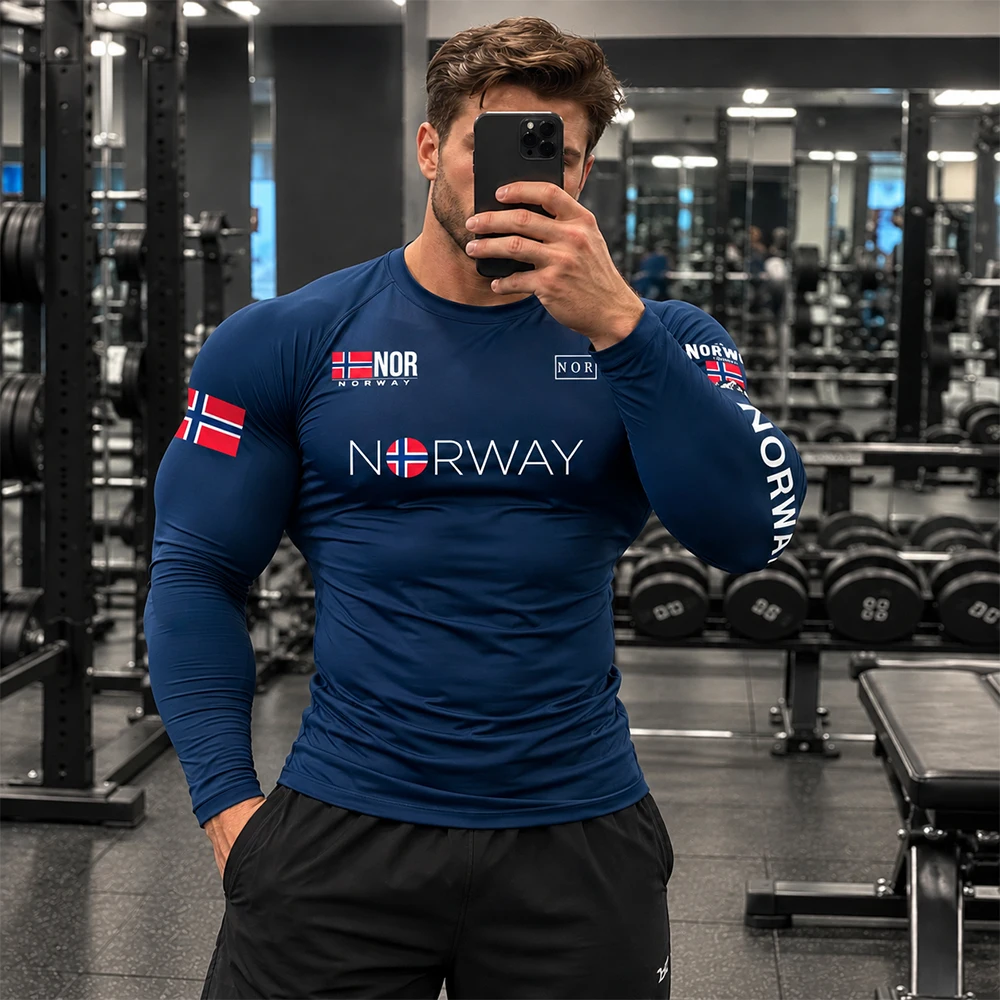 Norway Fitness Long Sleeve Top with Shoulder Insertion, Wide Shoulders, Iron Roll, Running Speed Dry Tight Clothes for Men
