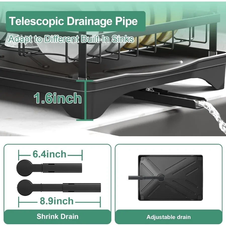 رف تجفيف الأطباق لطاولة المطبخ، رف تجفيف الأطباق الكبير مع حامل أواني، صينية أدوات المائدة، تجفيف الأطباق مع لوح تجفيف أسود