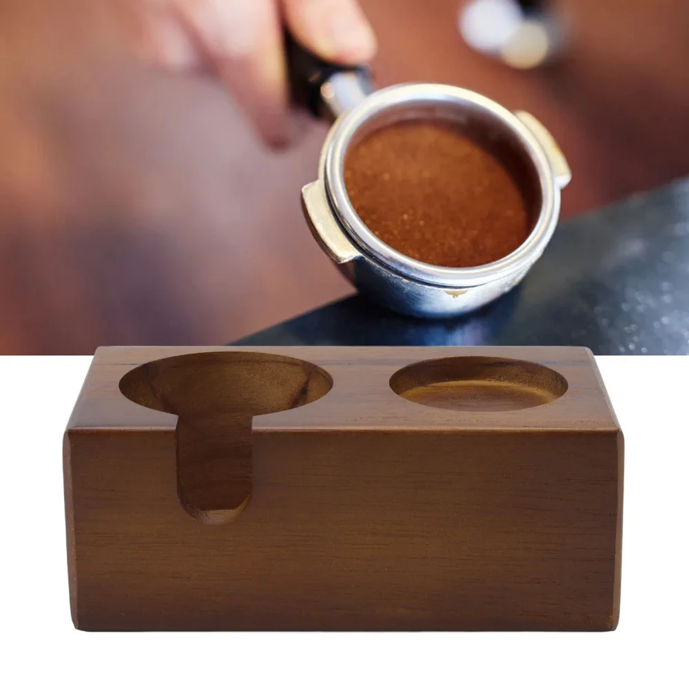 Solid Beech Wood Coffee Tamper Stand 51-58mm Compatibility Brown Color Coffee Portafilter Holder Distributor Base Organizer