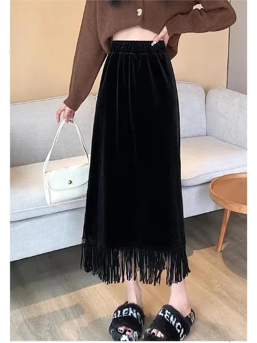 

Женская юбка с высокой талией на флисовой подкладке, шелковистая, струящаяся, А-силуэта, с боковым разрезом, в корейском стиле, теплая, бархатная