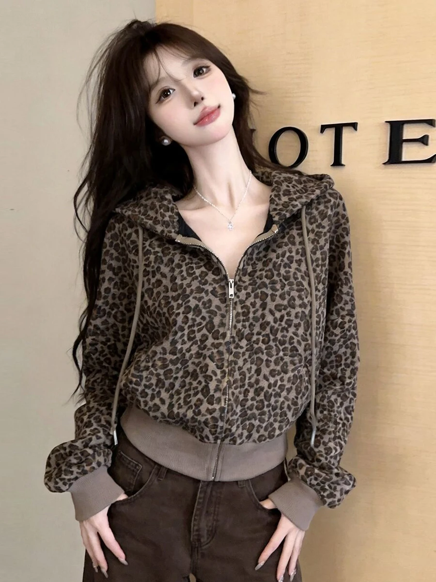 Retro Korean Style Short Hooded Long Sleeve Leopard Print Spicy Girl Slim Fit Zipper Top Coat Unique Design Casual Streetwear