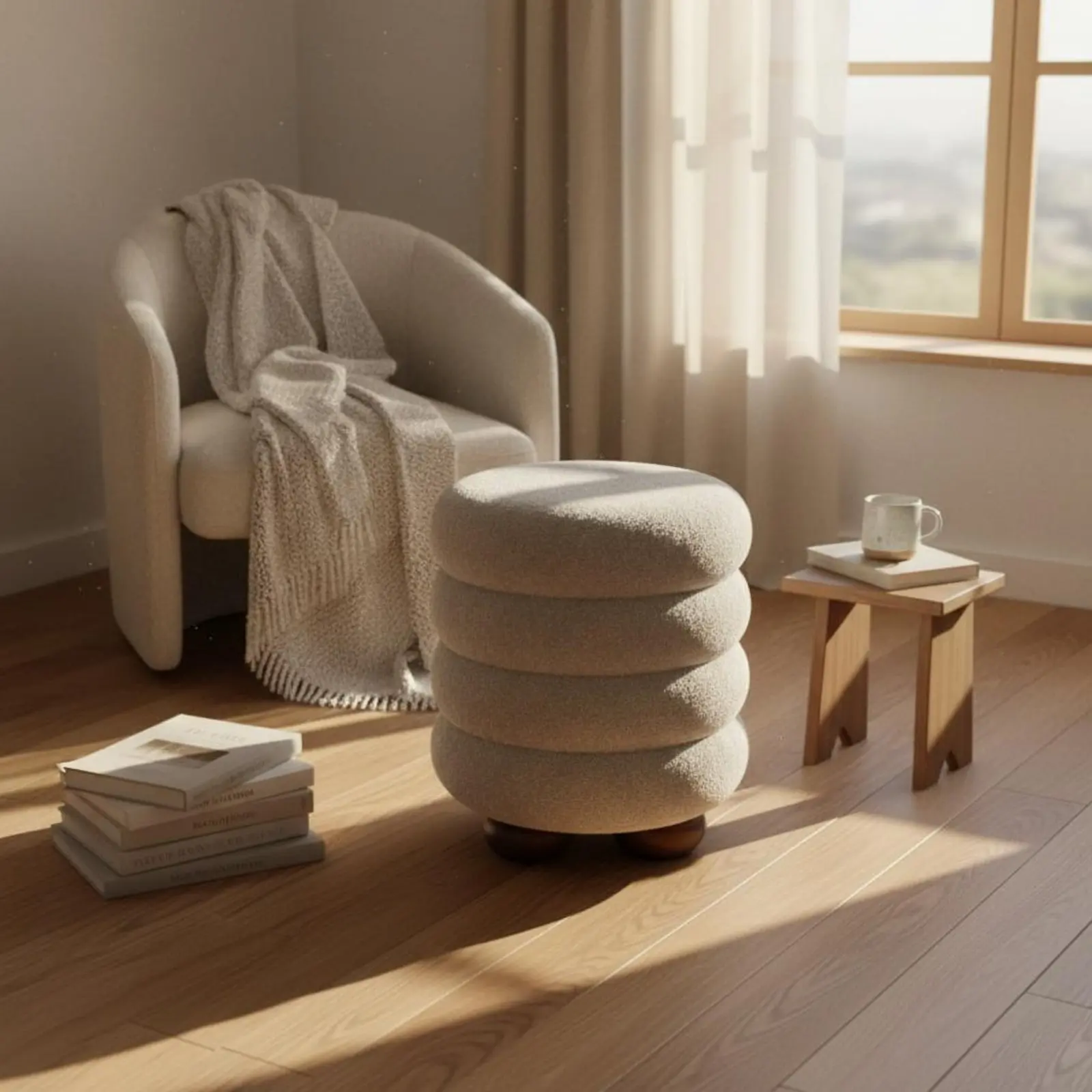 Boucle Vanity Stool Cute Vanity Stool Boucle Ottoman Chair Soft Home Furniture Multifunctional for Bedroom