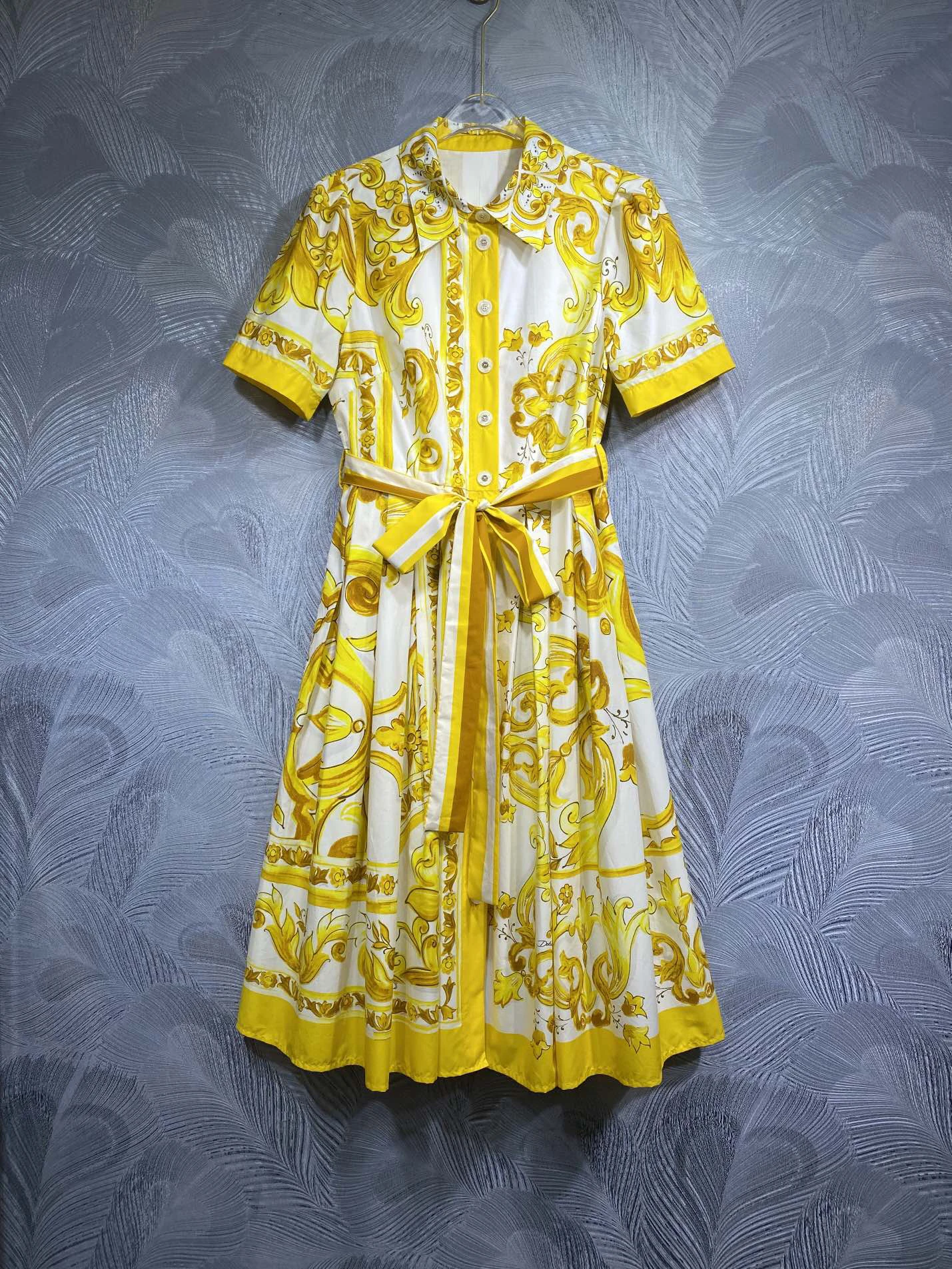 

SEQINYY Elegant Shirt Dress Summer Spring New Fashion Design Women Runway Vintage Yellow Flower Sicily Print High Quality