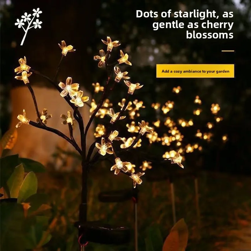 2pcs Solar Cherry Blossom Branch Light Firefly String Lights Outdoor Garden Yard Lawn Decor Lamp
