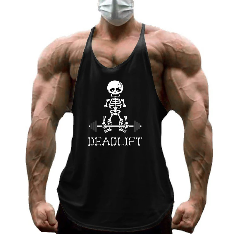 

Human Skeleton Deadlift Barbell Gym Vests Mens Fitness Bodybuilding Muscle Sleeveless Shirts Breathable Cotton Y-back Tank Tops