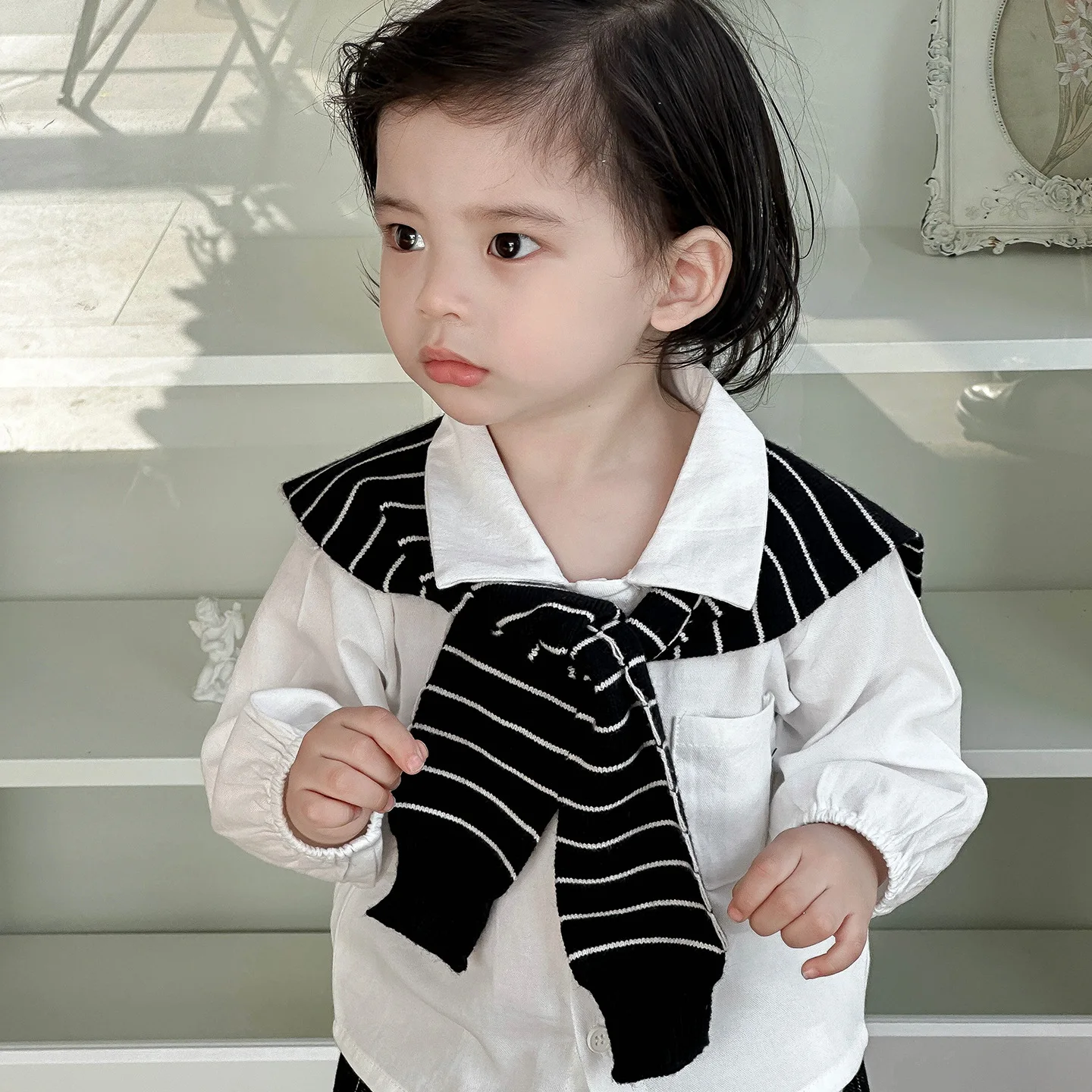2025 Autumn New Infant College Style Three-piece Baby Shirt Shawl Knitted Jeans Set Fashion Casual Baby Suit