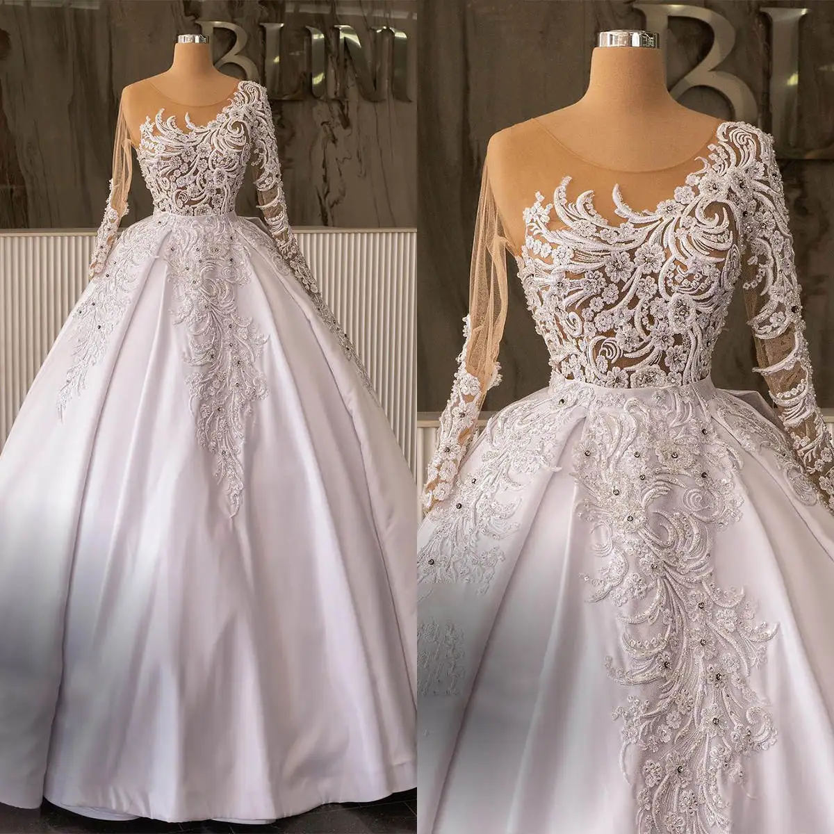 

Luxury Ball Gowns Appliques Beaded Crystal O Neck Wedding Dress Long Sleeve Pleats Sweep Train Satin Bridal Dresses Custom Made