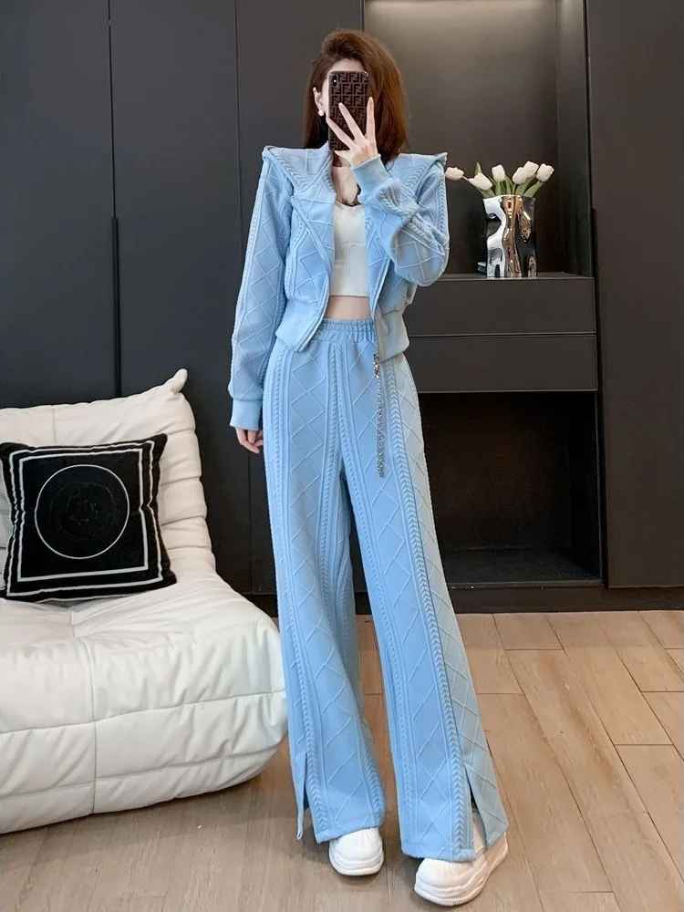 Pant Sets for Women 2 Pieces Wide Leg Sweatshirt Sport Blue Tracksuit Autumn Winter Trousers Woman Outfit Casual Elegant Luxury