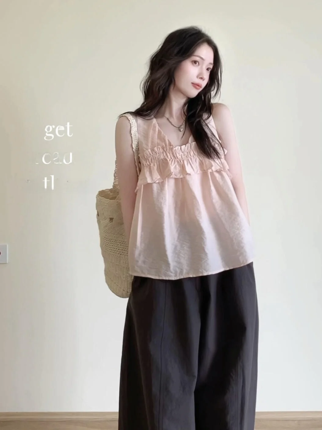 

Summer New Women's Loose Fit Sleeveless V-Neck Shirt Pink Commute Top Breathable Comfortable French Style Ruffle Design