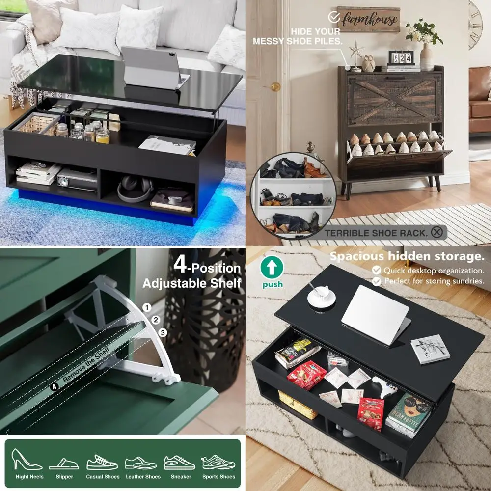 Modern LED Coffee Table with Storage, Lift Top Design, 2 Shelves, High Gloss Wooden Living Room Furniture