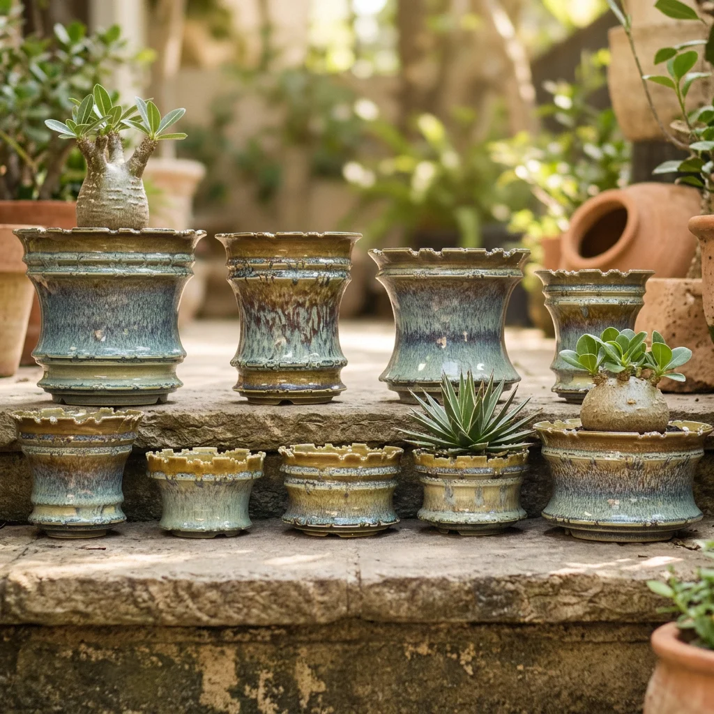 Unique Flow Glaze Ceramic Plant Pot Carved Floral Mouth Bonsai Bowl for Caudex Agave Cactus Succulent Indoor Tropical Plants