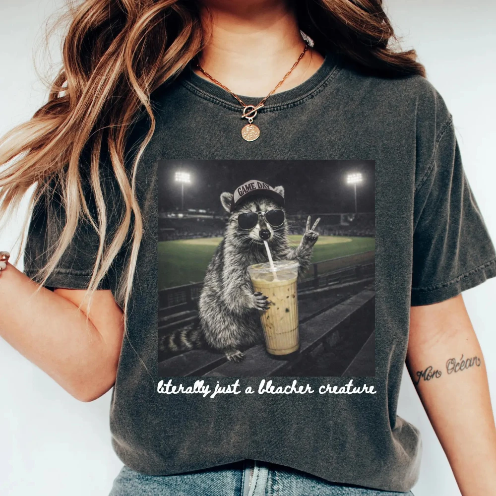 Literally Just A Bleacher Creature DarkRaccoon Tshirt, Baseball Lover Tee Ballpark Graphic Top Baseball Fan Gift, Sporty Outfit
