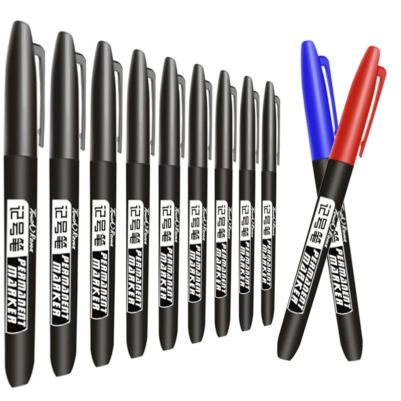 10pcs/set Waterproof Fine Point Art Marker Pen Glass, Leather, Wood Steel Perfect for Students Office Black, Blue, Red