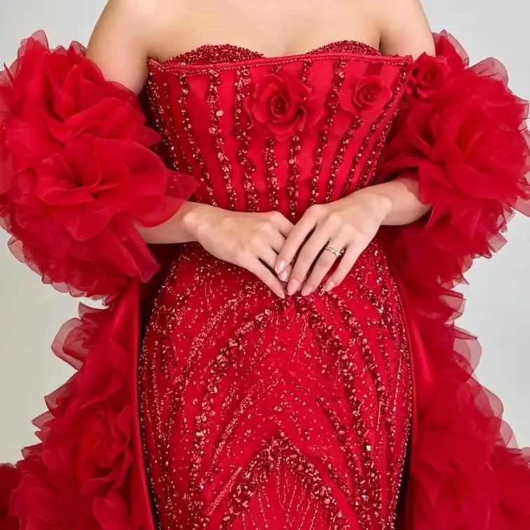 Beaded Red Strapless Evening Dresses Off Shoulder Crystals Pearls Prom Dress Customized Detachable Skirt Engagement Party Gowns
