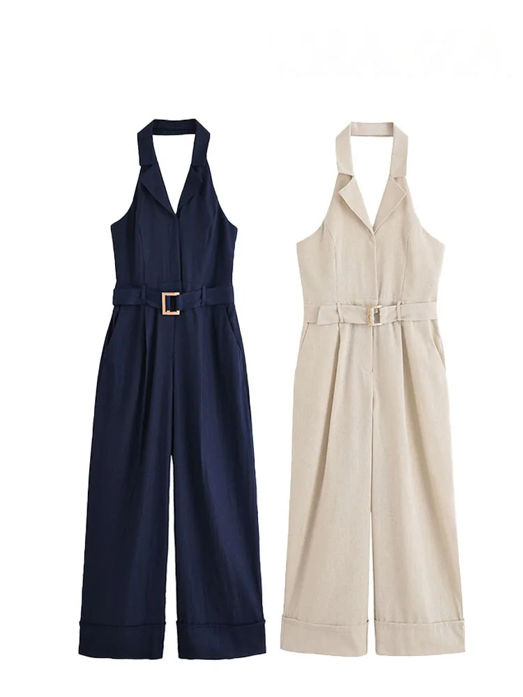 HH Woman Fashion Sleeveless Jumpsuits Solid Turn-Down Collar Belt Decoration Single-Breasted Female Summer Backless Jumpsuit