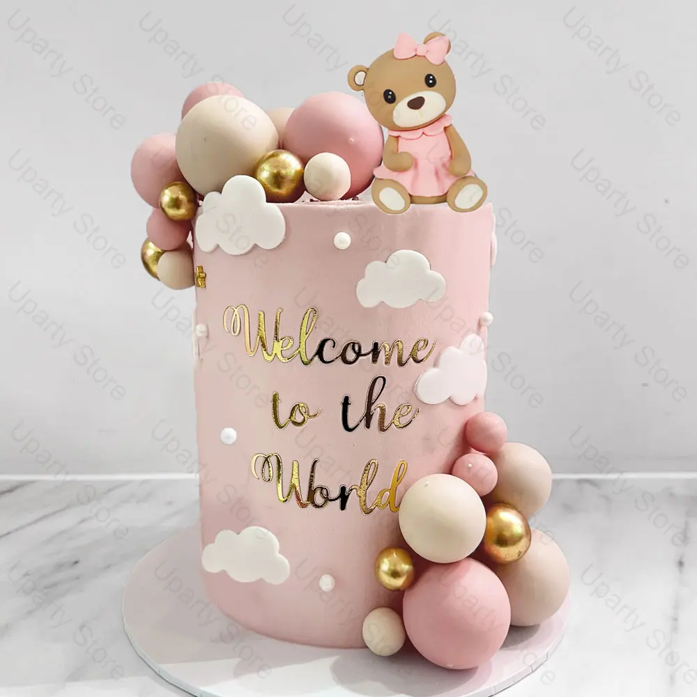 32Pcs Bear Cake Toppers Blue Pink Cake Balls Brown Bear Cake Decorations for Baby Shower 1st Birthday Party Cake Decor Favor