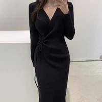 Chic V-ne Knitted Wrap Waist Slimming Mid-length A-line Dr Women's Sweater Dr Korean Sle High Waist Long Sve - Image 3