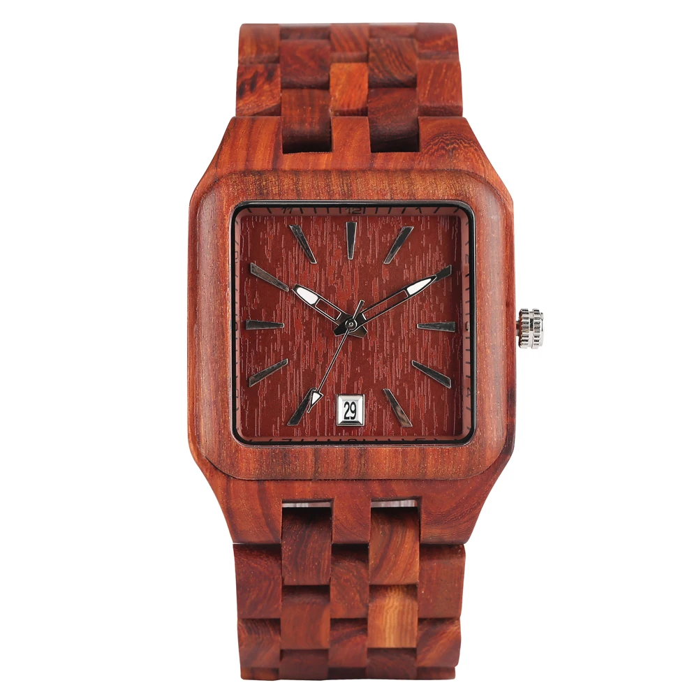 Vintage Stylish Square Auto-Date Display Dial Quartz Men's Wristwatches Ebony Red Wood Full Wooden Bangle Male Timepiece