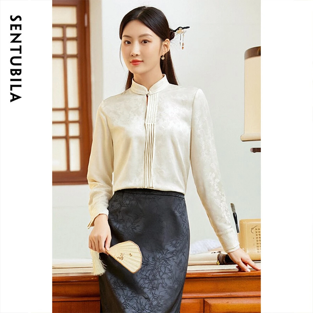 SENTUBILA Women Apricot Blouse 2026 Fall Mandarin‑collar Chinese Style Top Draped Design Casual Shirt for Ladies 141C52708