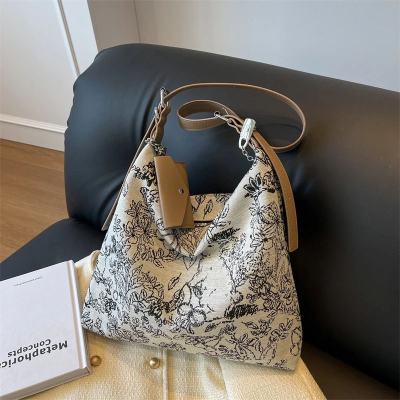 New Chinese Large Capacity Antique Canvas Bag Women 2024 New Chinese Style Crossbody Tote Bag Fashion Embroidery Shoulder Bag