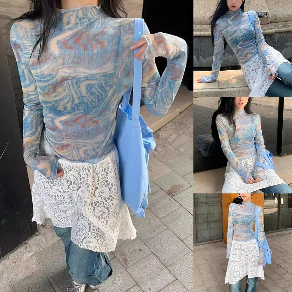 

Лидер продаж, женская полуводолазка в стиле девушки, тонкий топ с принтом тай-дай, сетчатая футболка с длинными рукавами, облегающая футболка, модная уличная одежда