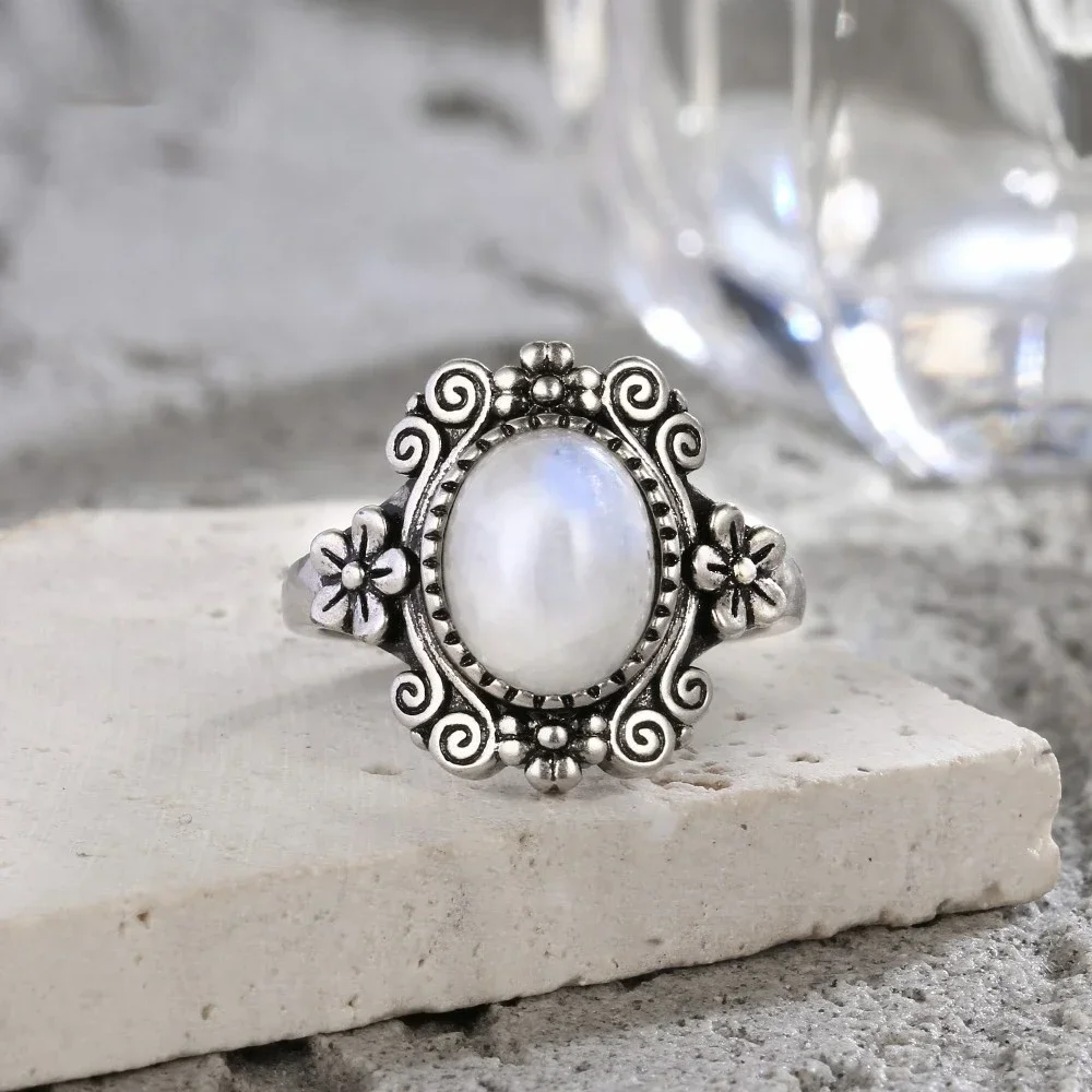 925 Silver Flower 8*10mm MoonStone Ring Vintage Style Ladies Party Jewelry gift for Women