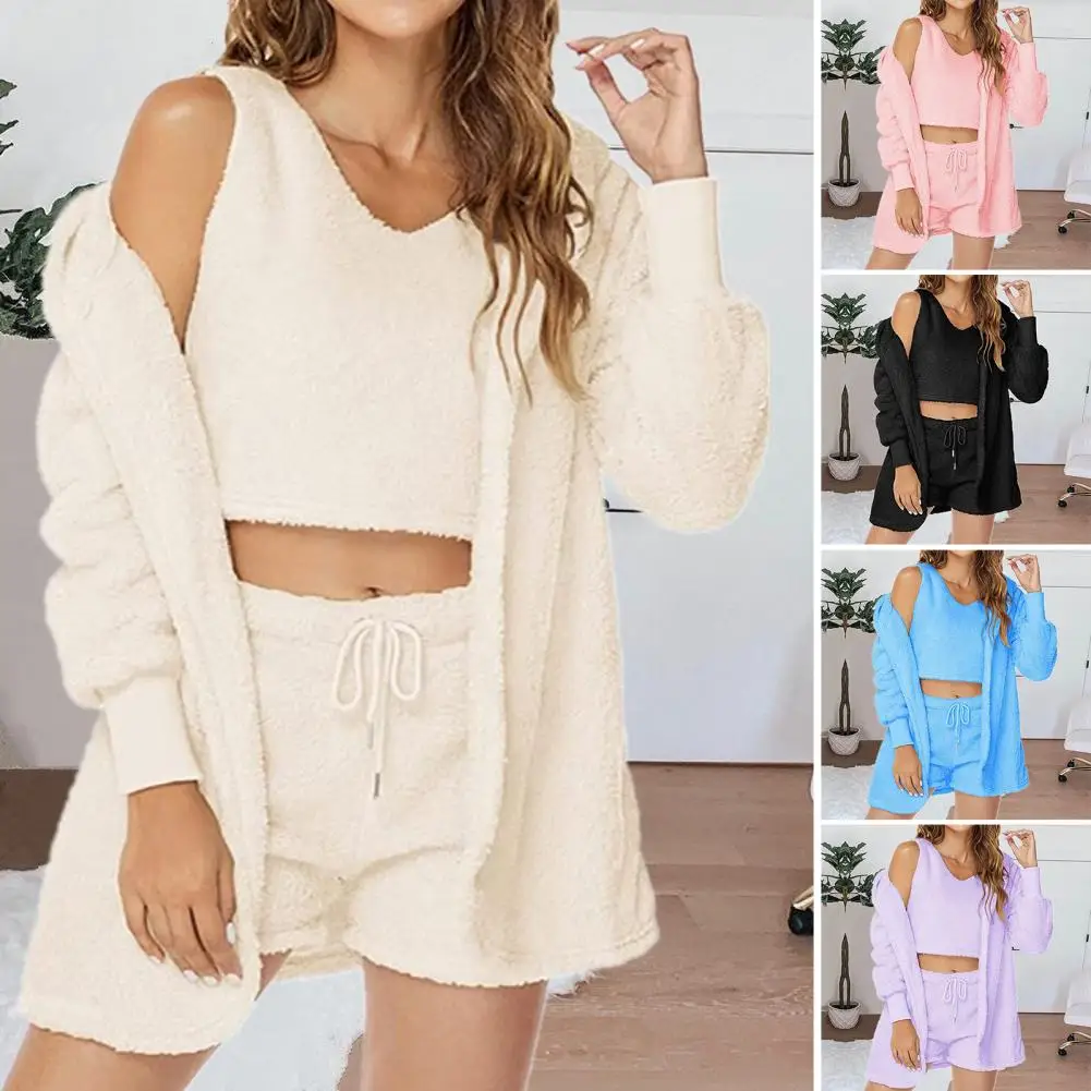 Winter 3 Piece Fluffy Outfits Plush Sexy Backless Fleece Pyjamas Women Casual Sports Sweatshirt Home Wear Sets Tracksuit Autumn