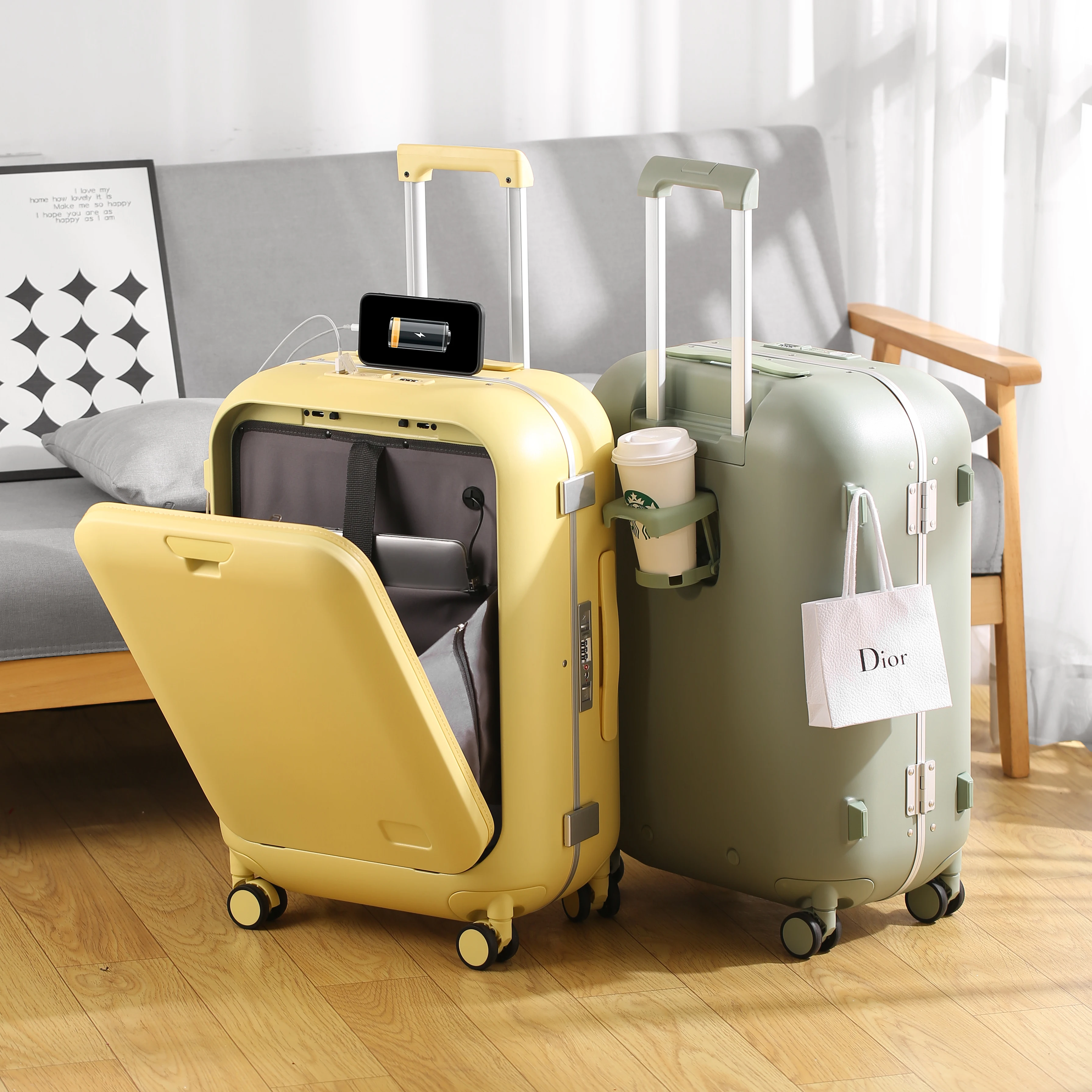 Bunnyfly Multifunctional 18/20/24 Suitcase Luggage with Front Open Design USB Port Cup Holder & TSA Lock ABS+PC Material