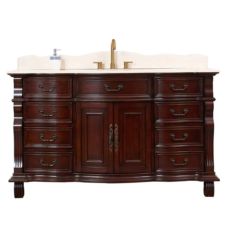 Classical Traditional Design Standing Solid Wood & MDF Brown Bathroom Vanity Cabinet with UV Lacquer Finish CUPC Ceramic Sink