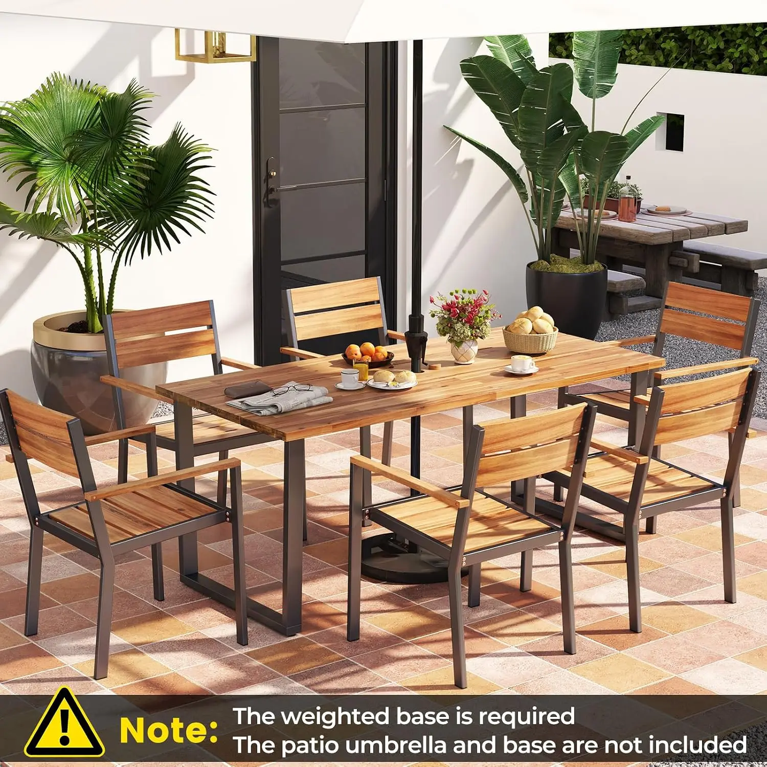Wood Patio Dining Set 6 Stackable Armchairs & 63" Rectangular Table With Umbrella Hole For Garden Deck Yard, Customized