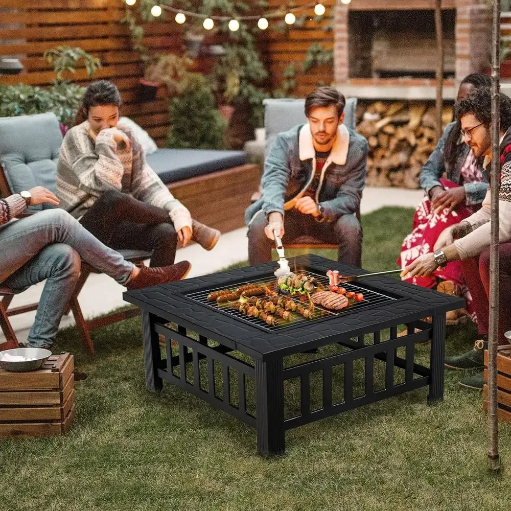 3-in-1 Outdoor Wood-Burning Fire Pit Table for Patio, Backyard, Porch, and Garden with Rain Cover for Picnics and Camping
