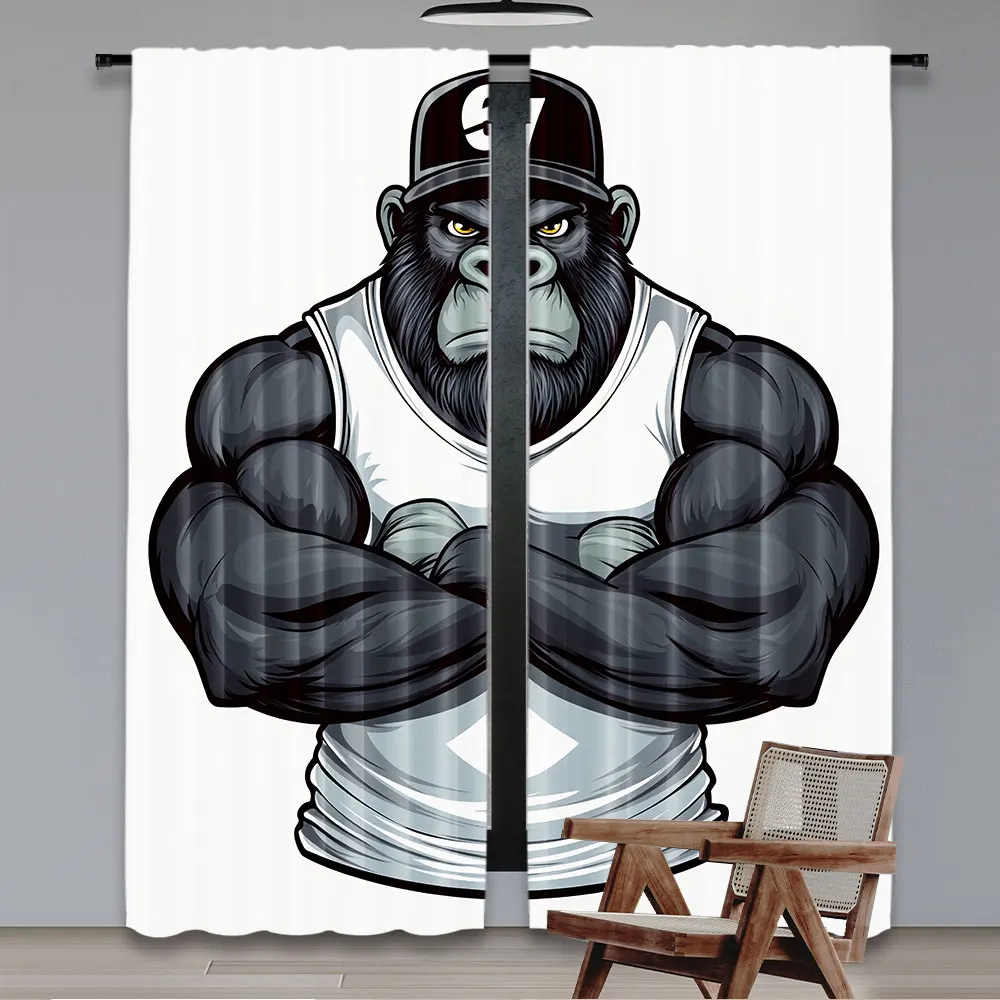 2Pcs Cartoon Curtain Big Gorilla Like As Professional Athlete Bodybuilding Gym Animal For Bedroom Living Room And Dining Room