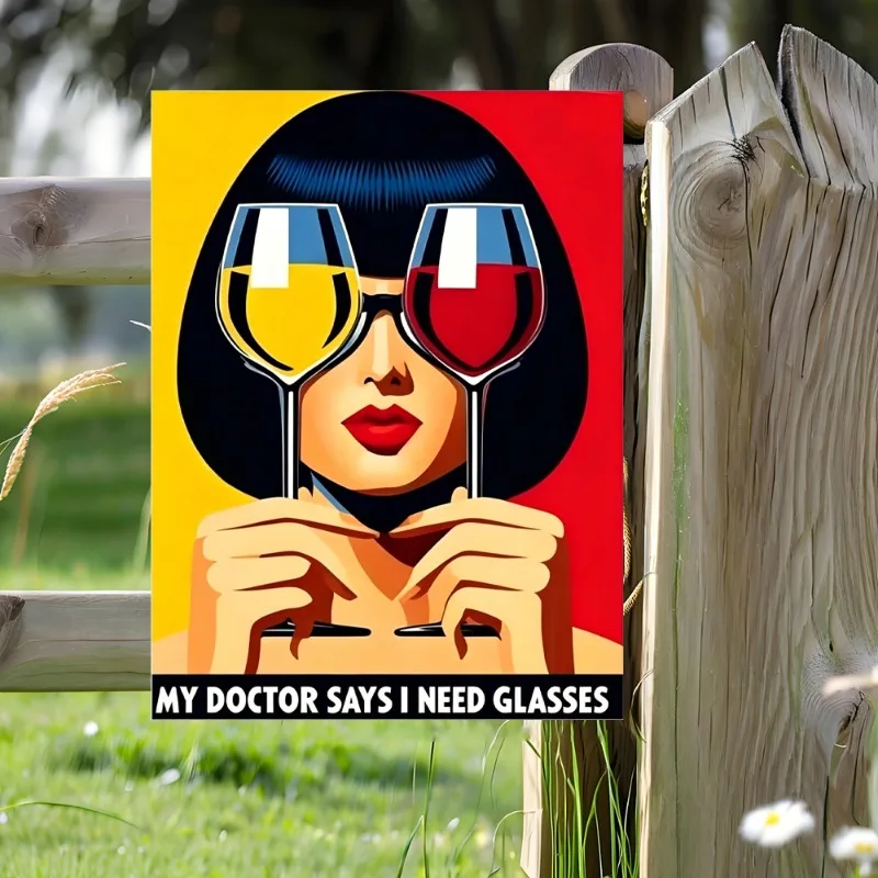 Letrero Decorativo Vintage de Hierro con Diseño Divertido de Copa de Vino, Arte Pop Retro 'Mi Doctor Dijo que Necesito Gafas', Letrero de Pared con Temática Festiva
