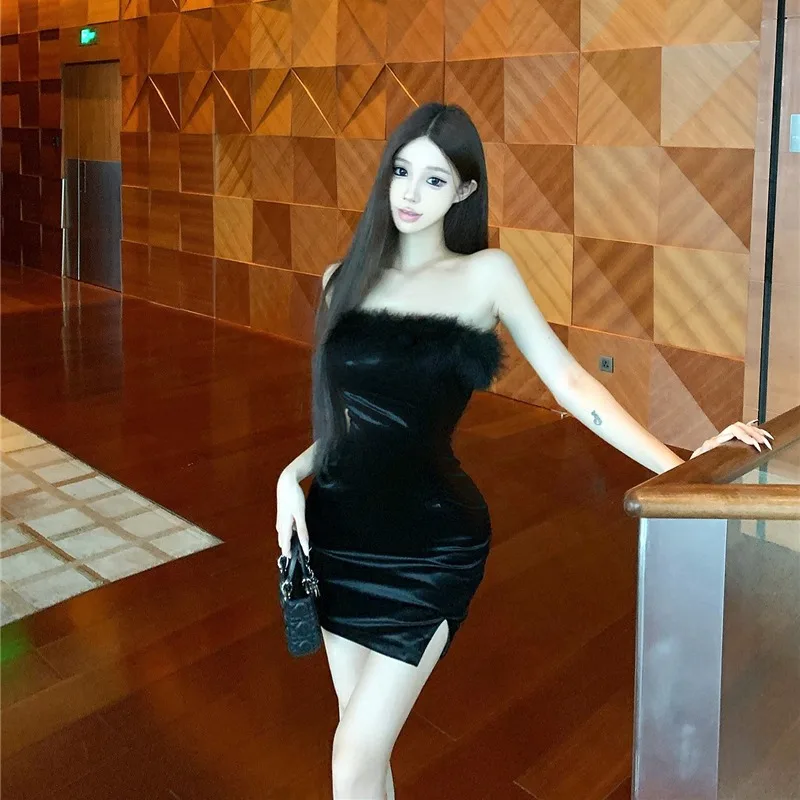 

Сексуальная облегающая бархатная трубка со страусиными перьями Dr ort Bla Dr Женская высокая талия Pure Desire Sle No Sve H pe Ball ...