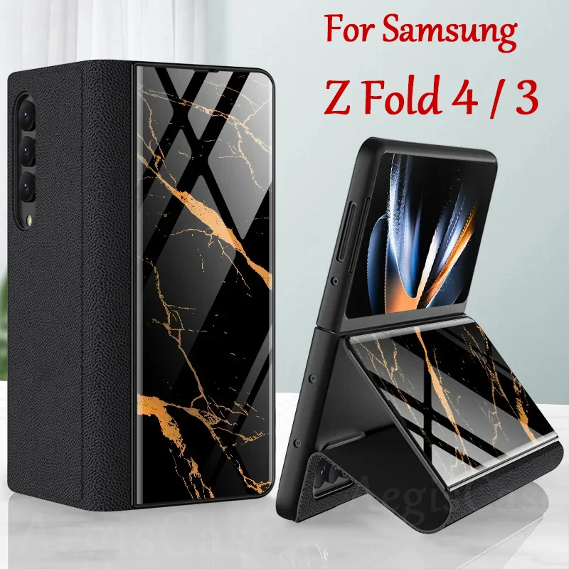 

For Samsung Galaxy Z Fold 5 4 3 Case Luxury Painted Tempered Glass Protection Leather Fold Stand Cover For Galaxy Z Fold4 3 Case