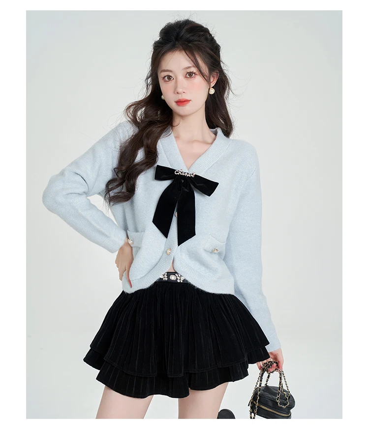 French Elegant Casual V-Neck Bow Long Sleeve Single-breasted Blue Short Knitted Sweater All-matched Cardigan Jacket Women Autumn