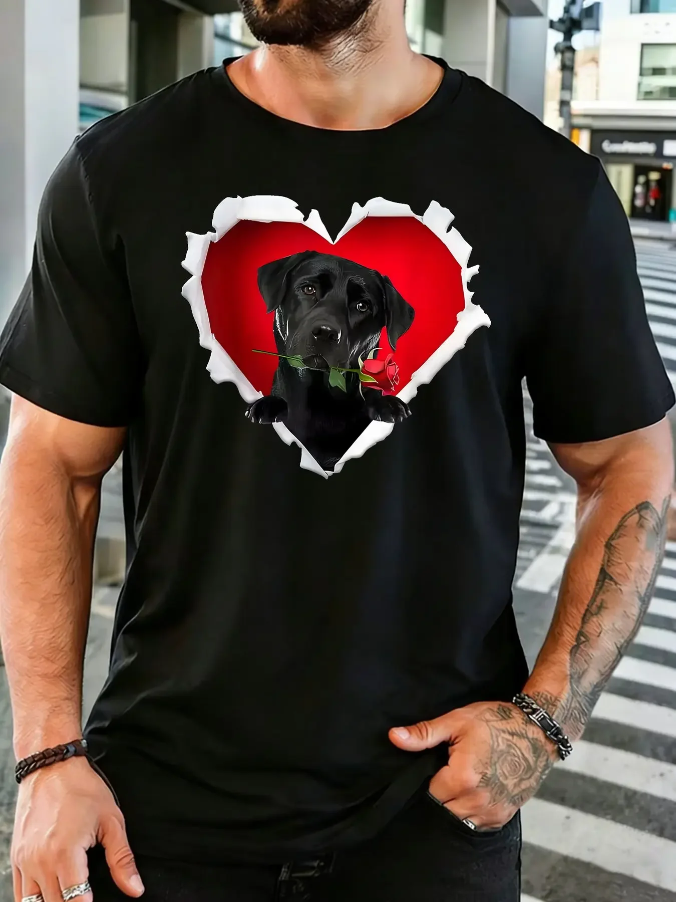 Men Soft Cotton Tshirt Black Lab With Red Rose Torn Heart Print Short Sleeve Tee For Pet Lover Valentines Casual Street Wear Top