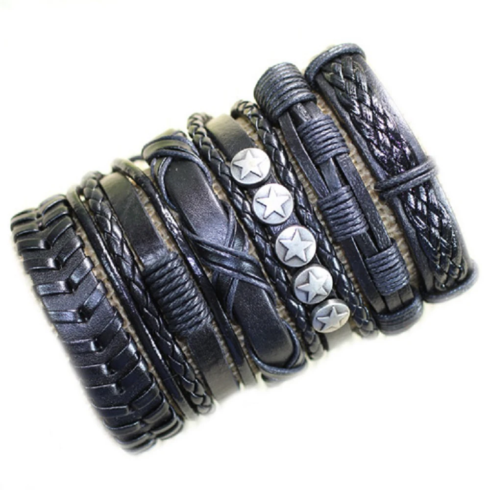 6Pcs/set Men Women Bracelets Vintage Multilayer Leather Braid Bracelets Bangles Handmade Rope Wrap Bracelets Male Gift Jewlery