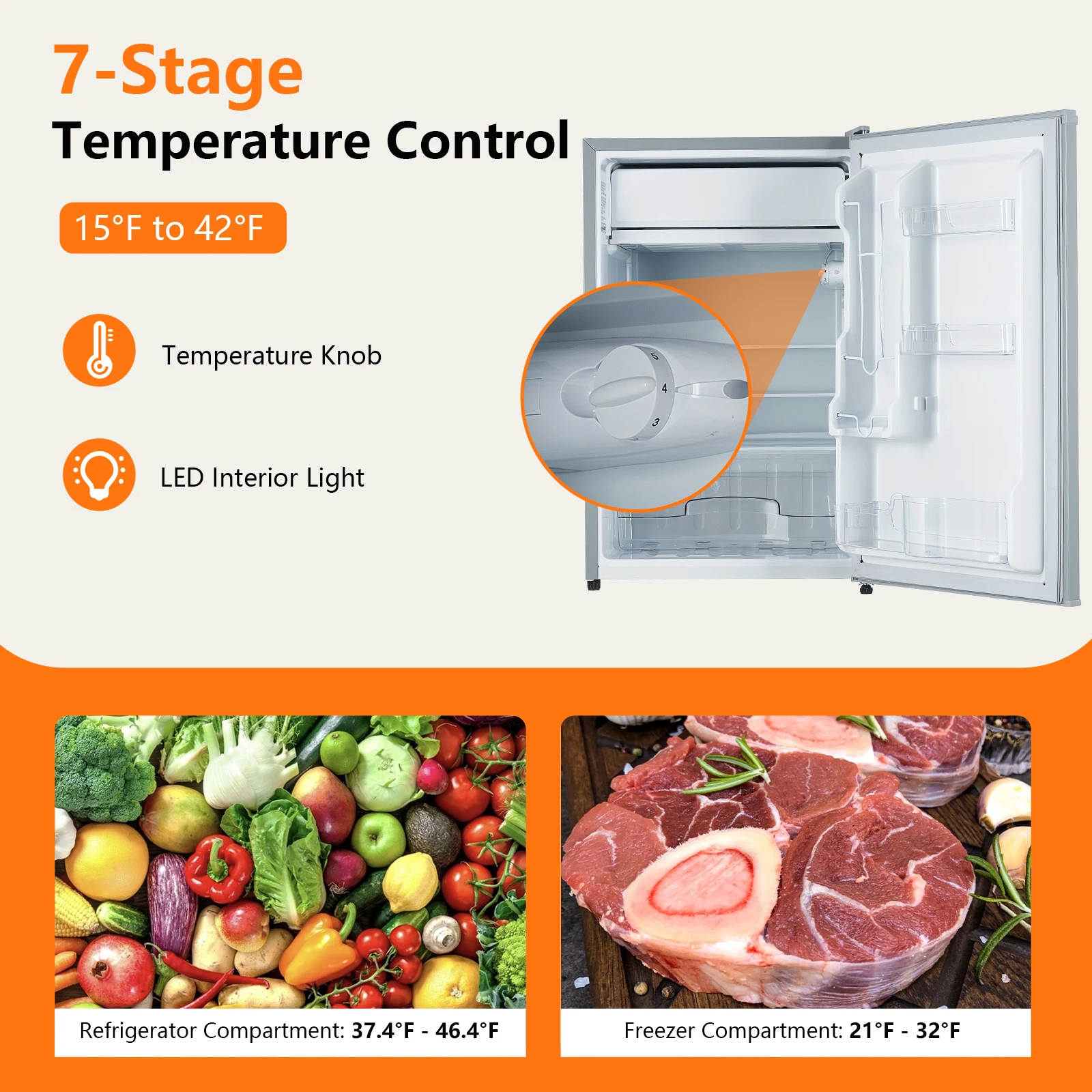 Mini refrigerador de porta única com freezer, 7 configurações de temperatura, geladeira compacta para apartamento, quarto, escritório, dormitório, 4,3 pés