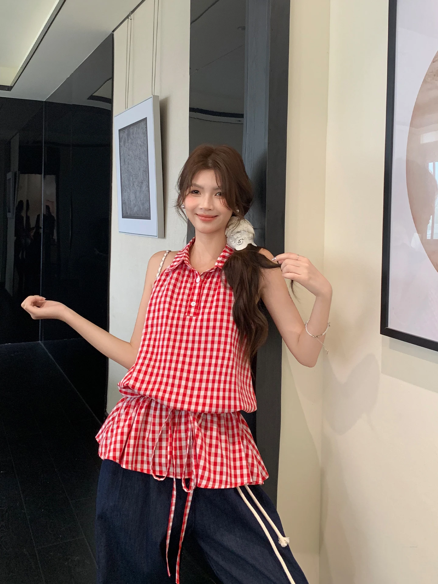 

Slimming Checkered Sleeveless Vest Dress Women's Summer Drawstring Waist Short Skirt Casual Style White Little Fish Original