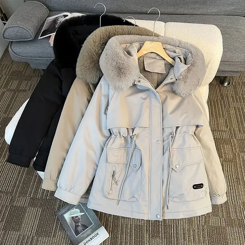 Plush Thicken Parka Jacket 2026 New Winter Warm Korean Edition Loose Cotton Coats Female Big fur collar Hooded Parker Overcoat