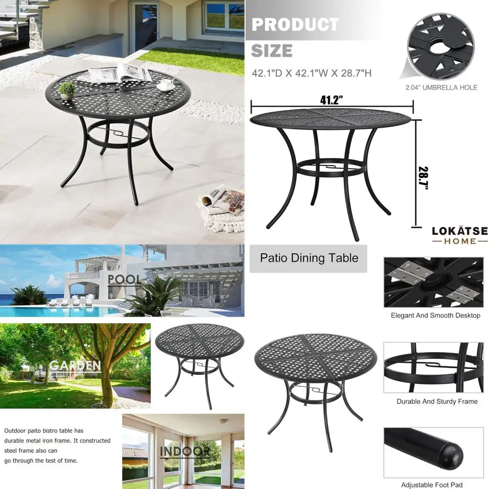 طاولة طعام مستديرة للفناء الخارجي مع فتحة مظلة، إطار فولاذي، مناسبة لسطح شرفة الحديقة الخلفية #1