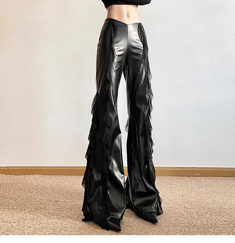 European Hot Girls Faux PU Leather Sexy Mopping High-waisted Pants Design Pleated Flare Long Pants Punk Capris Black Versatile